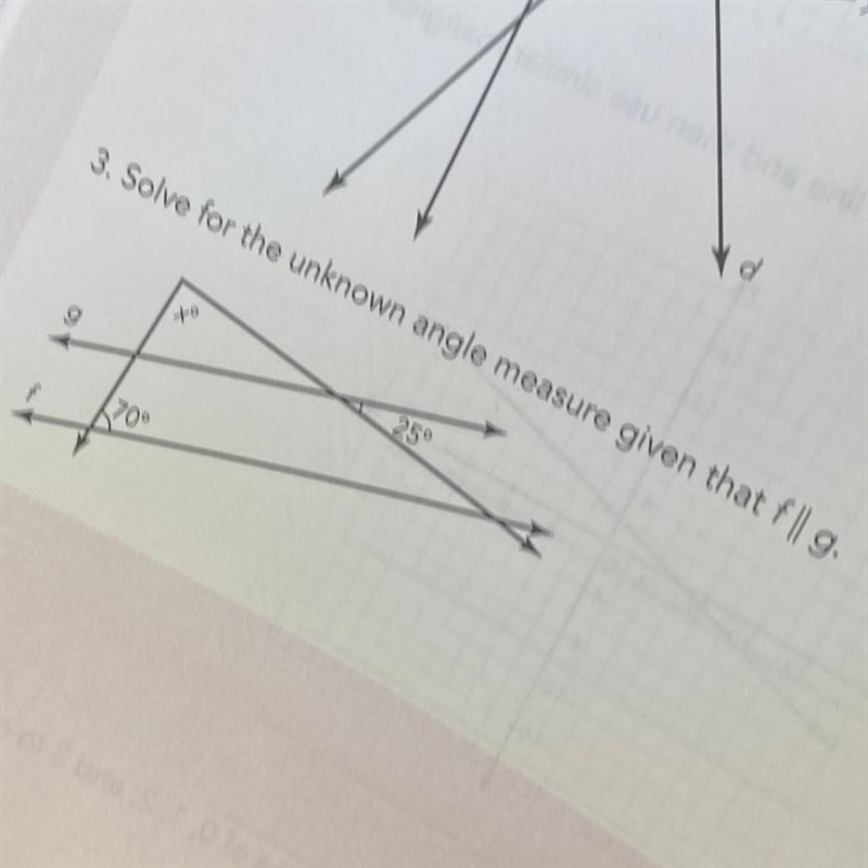 Solve for the unknown angle measure given that f || g-example-1