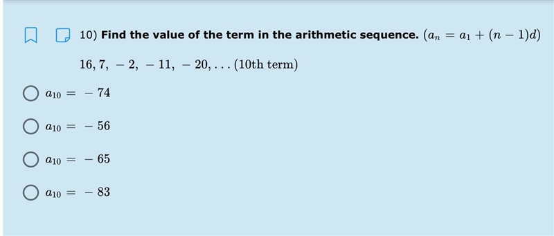 Find the value of the term in the arithmetic sequence. answer options are in the picture-example-1