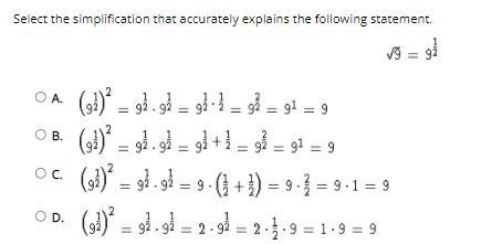 Select the simplification that accurately explains the following statement. A. B. C-example-1