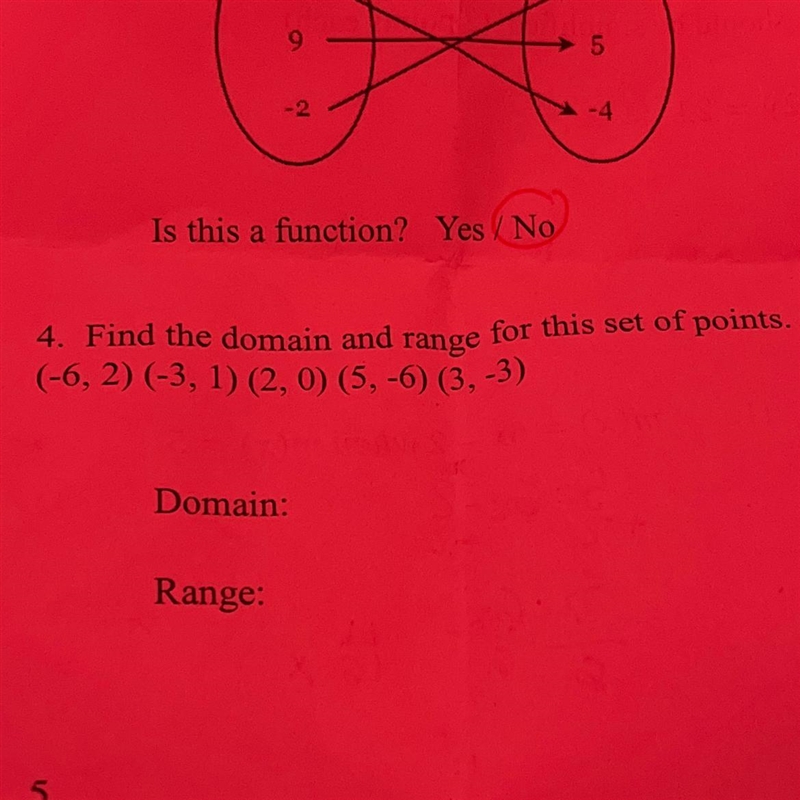 4. Find the domain and range for this set of points. (2 points) (-6, 2) (-3, 1) (2, 0) (5, -6) (3, -3) Domain-example-1