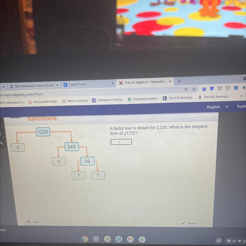 A factor tree is shown for 1,255 what is the simplest form of sqaure root 1,225-example-1