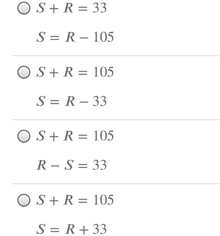 Sara is 33 years younger than Rolando. The sum of their ages is 105. Select the system-example-1