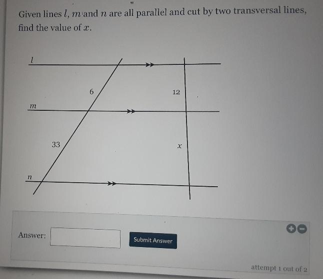 Given lines l, m and n are all parallel and cut by two transversal lines, find the-example-1