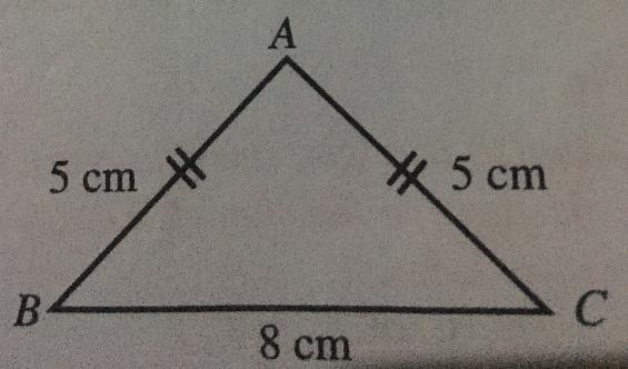 (b) In the diagram below, ABC is an isos-celes triangle. /AB/=/AC/= 5 cm and/BC/= 8 cm-example-1