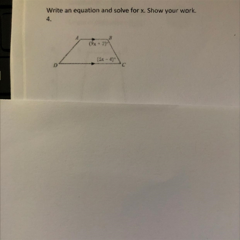 Write an equation and solve for X show your work. (9x + 2) and (5x - 4)-example-1