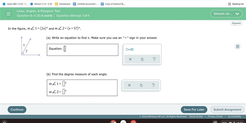 Pls help me In the figure, and . (a)Write an equation to find . Make sure you use-example-1