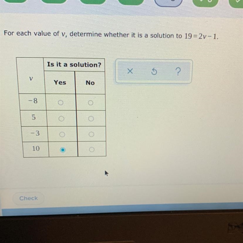 The answer for each value of v, with either yes or no for each number.-example-1