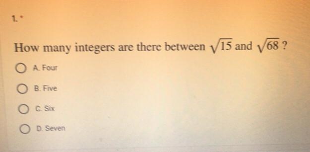 How many integers are there between the square root of 15 and 68-example-1