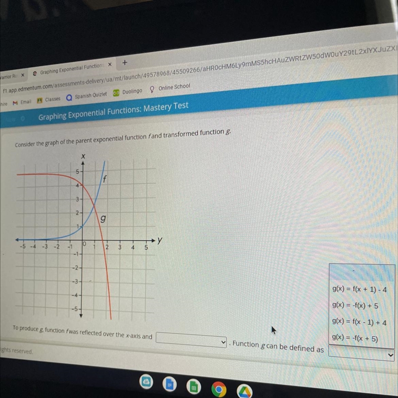 Consider the graph of the parent exponential function f and transformed function g-example-1