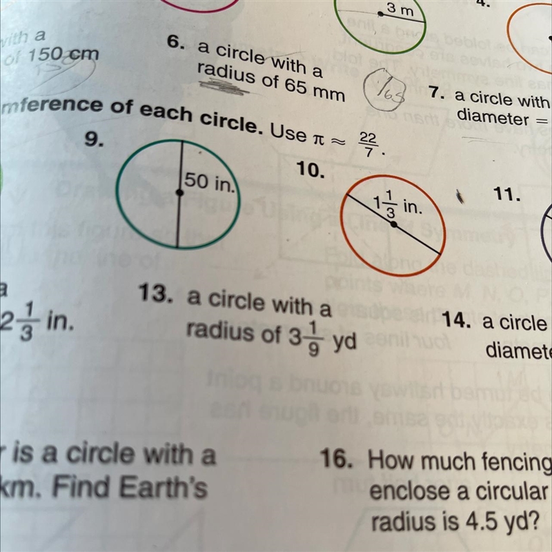 Find the circumference of each circle. A circle with a radius of 3 1/9yd-example-1