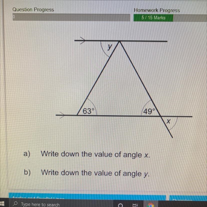 A) Write down the value of angle x. b) Write down the value of angle y. HELP PLS-example-1