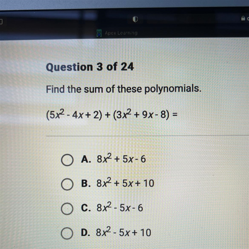 Find the sum of these polynomials.(5x2 - 4x + 2) + (3x² + 9x-8)=-example-1