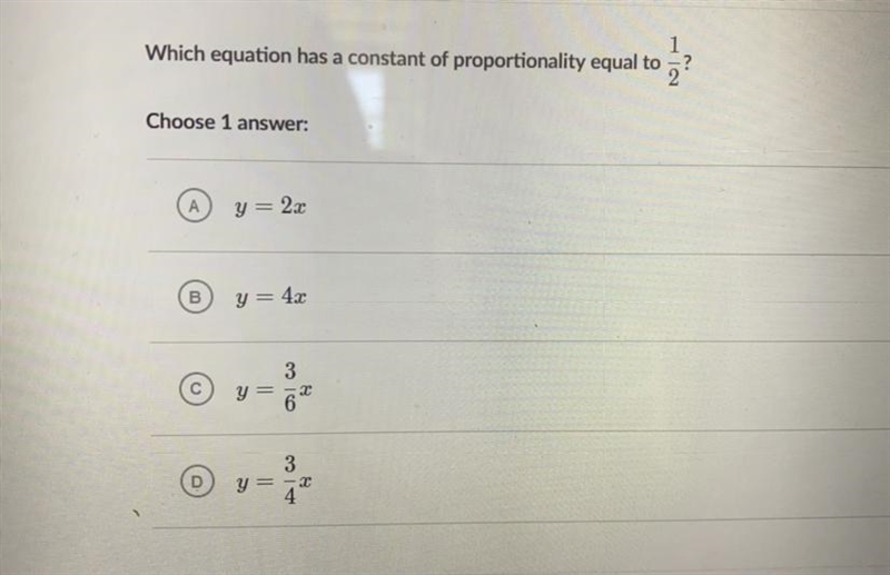 Which equation has a constant of proportionality equal to 1/2 Choose 1 answer:-example-1