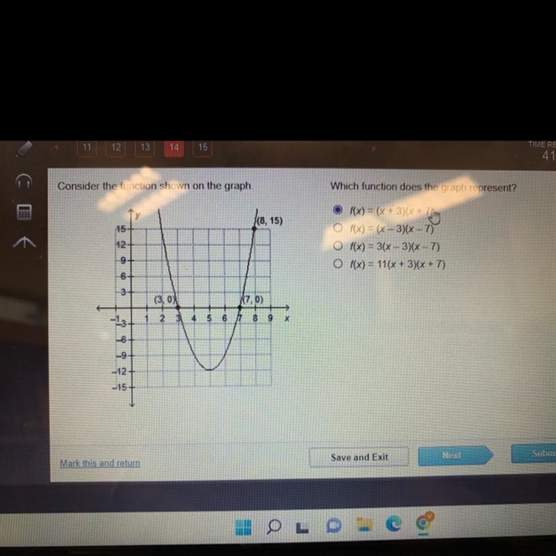 Consider the function shown on the graph.4512-299+6-3-¹3--6-9--12-15(8, 15)(3, 0)(7,0)1 2 3 4 5 6 7 8 9XWhich-example-1