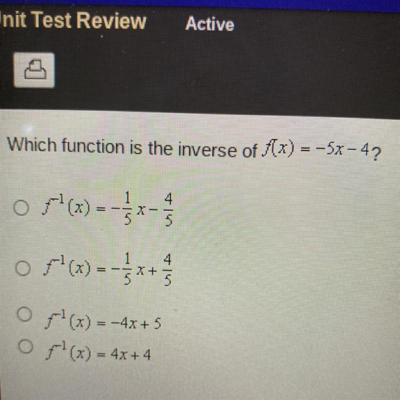 Which function is the inverse of f(x)=-5x-4-example-1