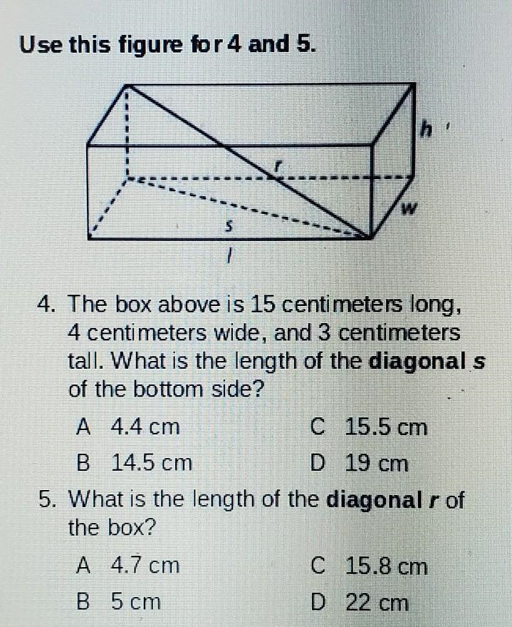 Question 1: What is the length of the diagonal s of the bottom side?Question 2: What-example-1