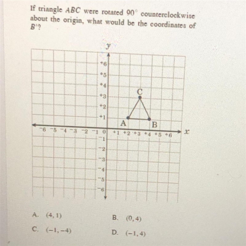 If triangle ABC were rotated 90 counterclockwiseabout the origin, what would be the-example-1