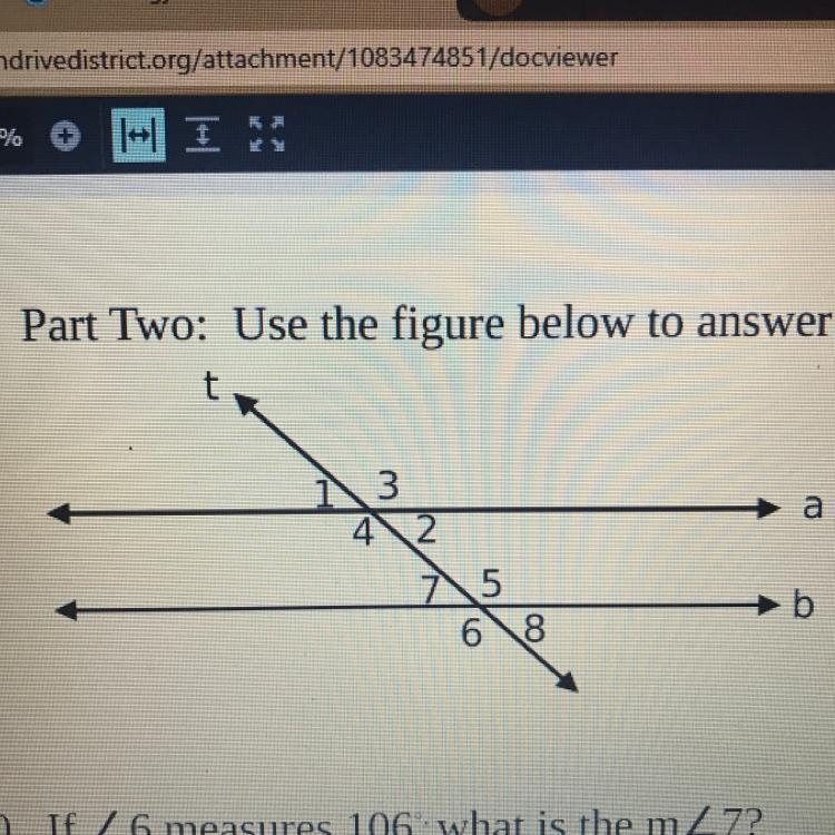 1. if angle 6 measures 106 what is the measure of angle 7a 106b 74c 90d 1802 if angle-example-1