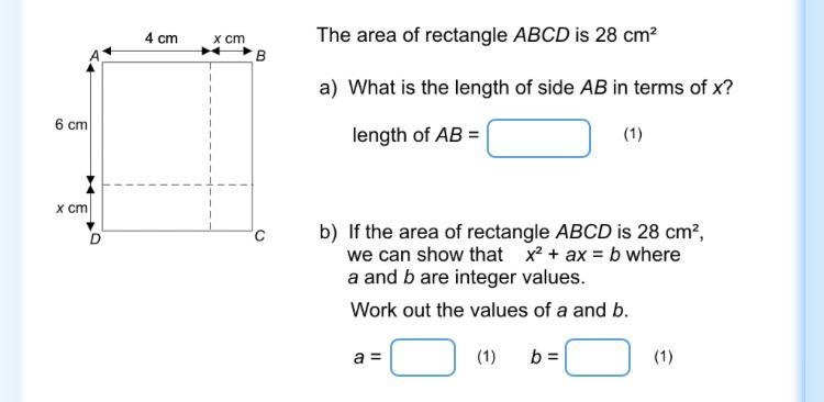 URGENT The area of rectangle abcd is 28cm^2 What is answer to a and b-example-1