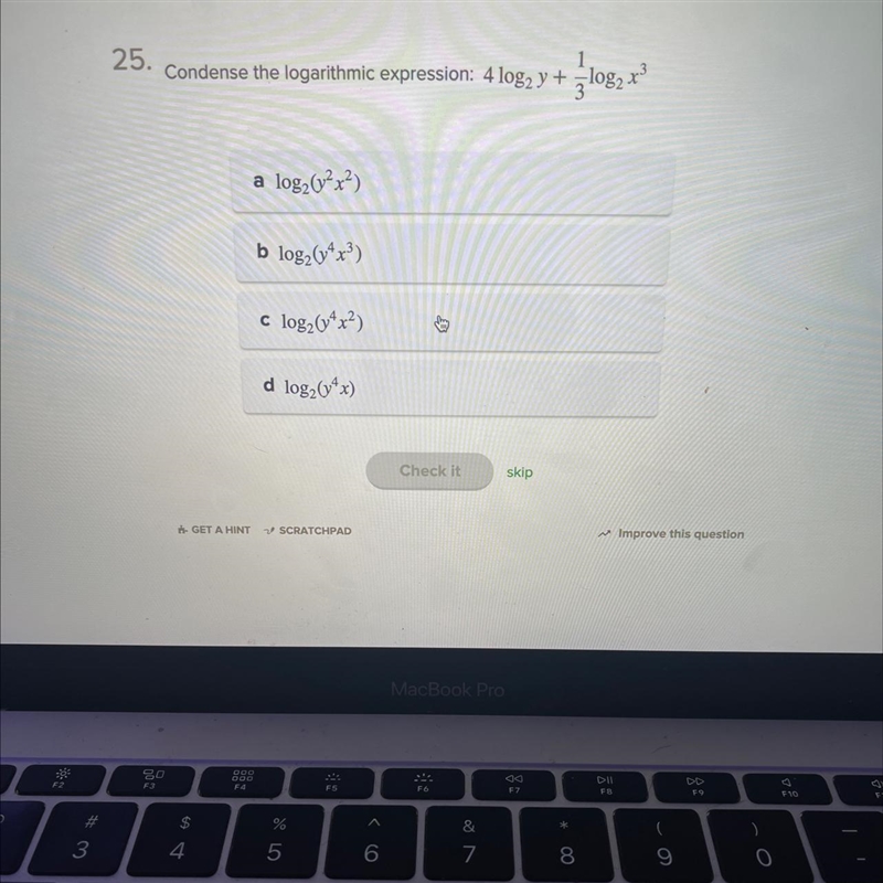 Condense the logarithmic expression:4 log2 y + 1/3 log2 x^3-example-1