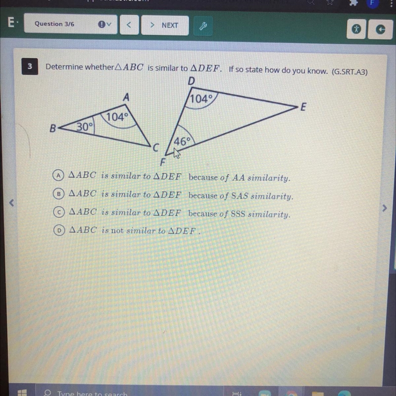 Determine whether A ABC is similar to ADEF. If so state how do you know. (G.SRT.A-example-1