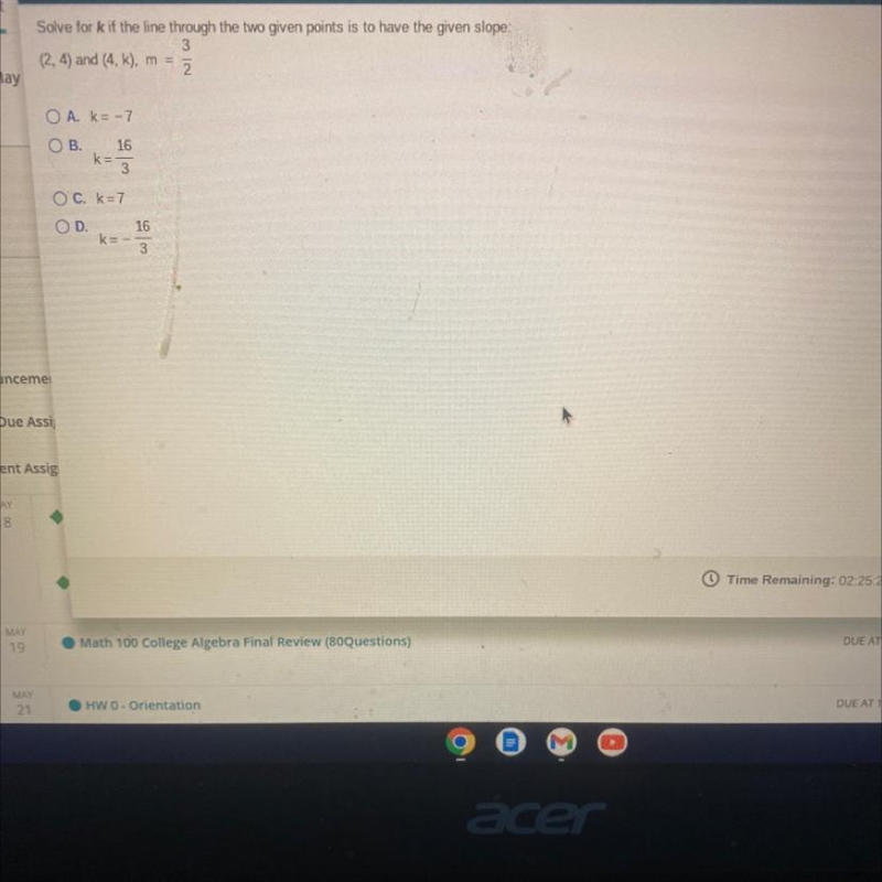 Solve for k if the line through the two given points is to have the given slope-example-1