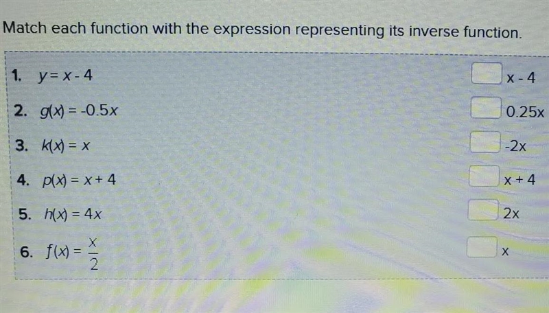 Match each function with the expression representing its inverse function. 1.y = x-example-1