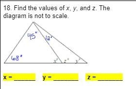 Find the values of x, y, and z. The diagram is not to scale.-example-1