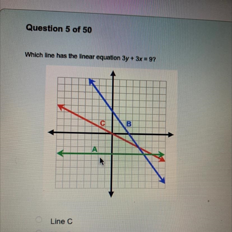 Which line has the linear equation 3y + 3x = 9?-example-1