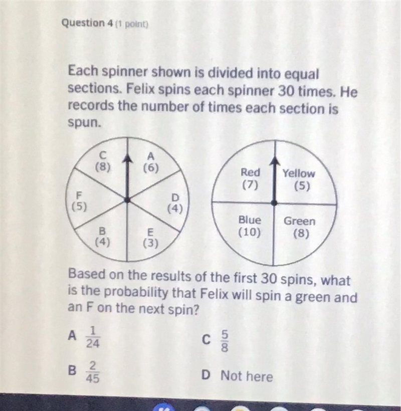 Each spinner shown is divided into equalsections. Felix spins each spinner 30 times-example-1