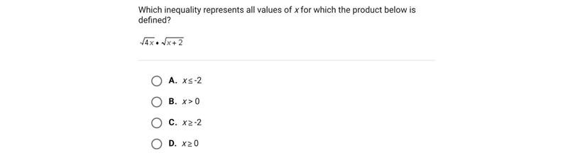 Which inequality represents all values of x for which the product below is defined-example-1