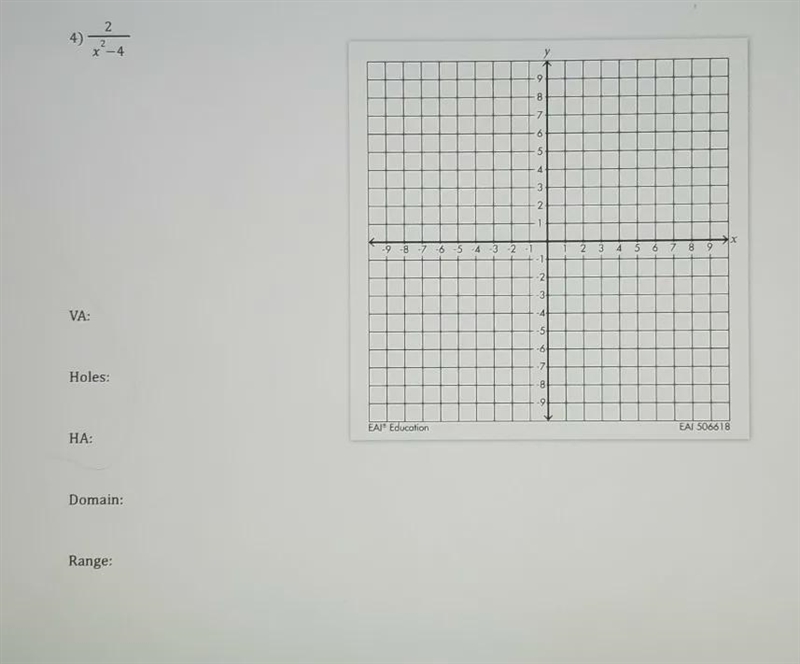 find the vertical and horizontal asymtotes, domain, range, holes, and graph it, list-example-1