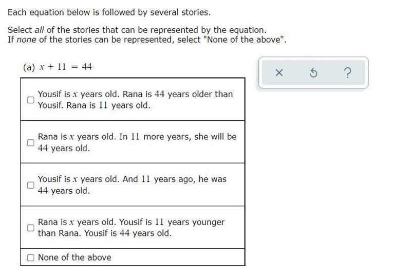 Each equation below is followed by several stories. Select all of the stories that-example-1