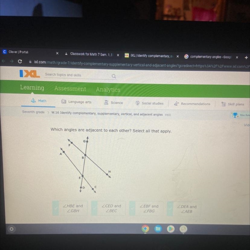 Which angles are adjacent to each other? Select all that apply.-example-1