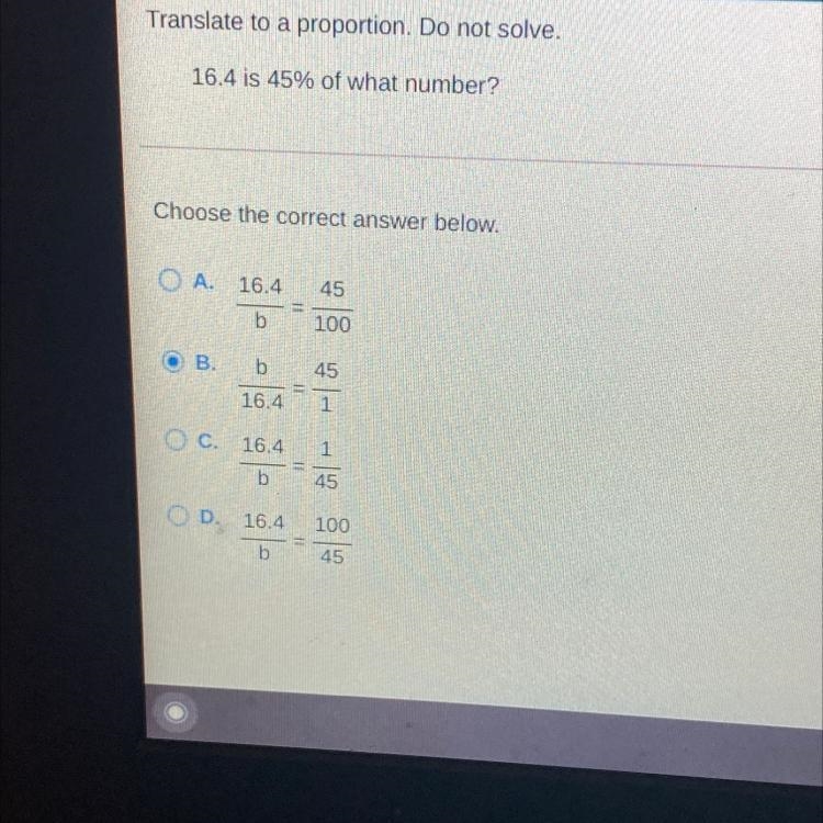 Translate into proportion 16.4 is 45% of what number ?-example-1