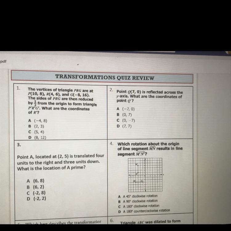 4. Which rotation about the origin of line segment MN results in line segment M’N-example-1