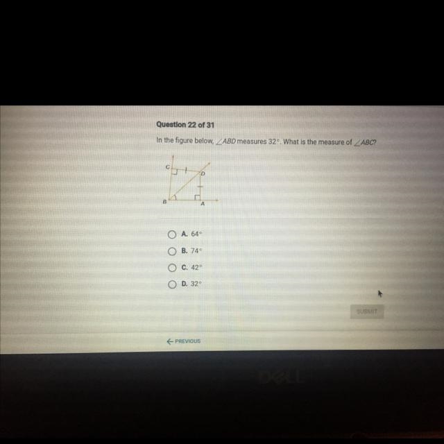 In the figure below, ZABD measures 32°. What is the measure of ABC?BAA. 640B. 749C-example-1