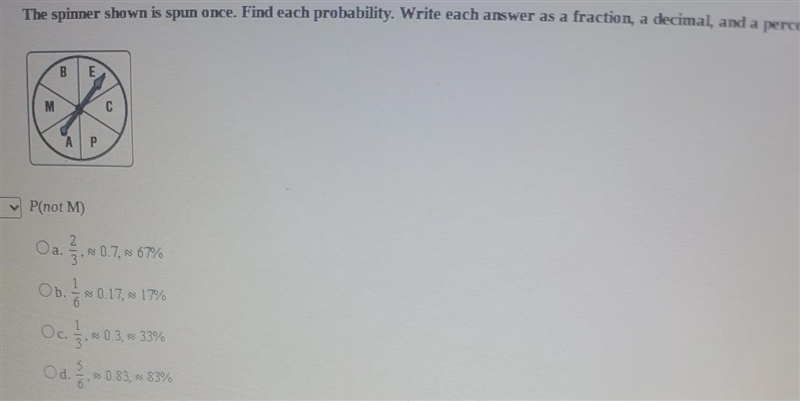 indicate me answer choice The spinner shown is spun once. Find each probability. Write-example-1