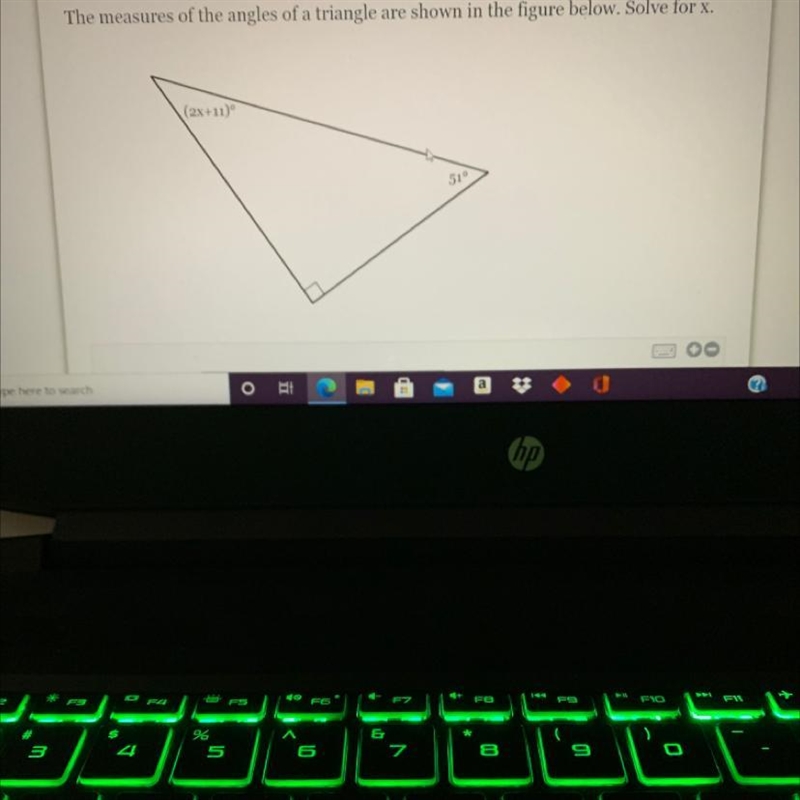 The measures of the angles of a triangle are shown in the figure below. Solve for-example-1