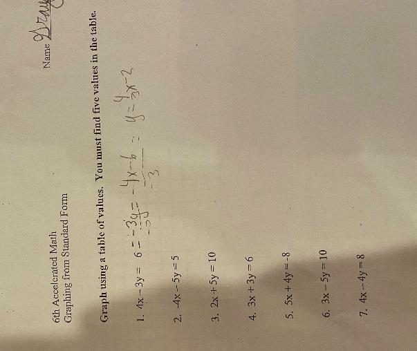 Graph using a table of values. You must find five values in the table. 1. 4x-3y=6I-example-1