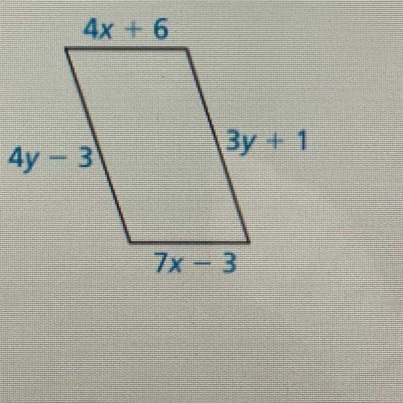 Find the value of x and y that make the quadrilateral-example-1