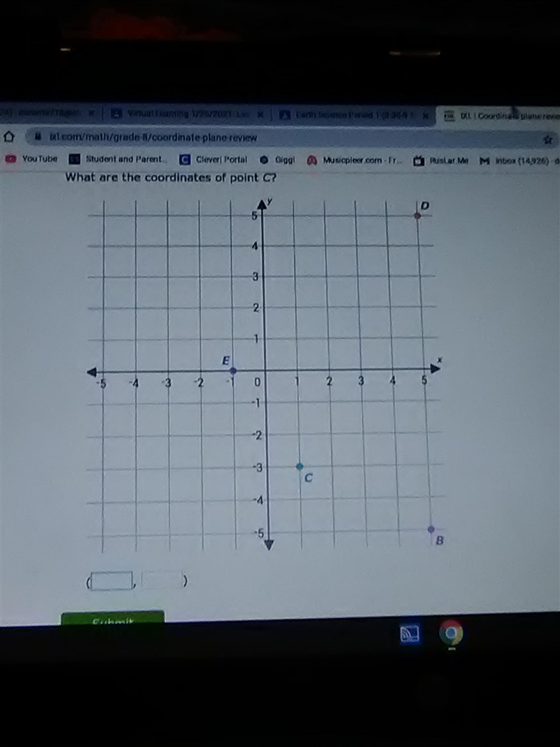 What are the coordinates of point C? D ch 4. 3 2 1 E -5 3 -2 0 3 4 5 N -1 -2 3 C -4-example-1