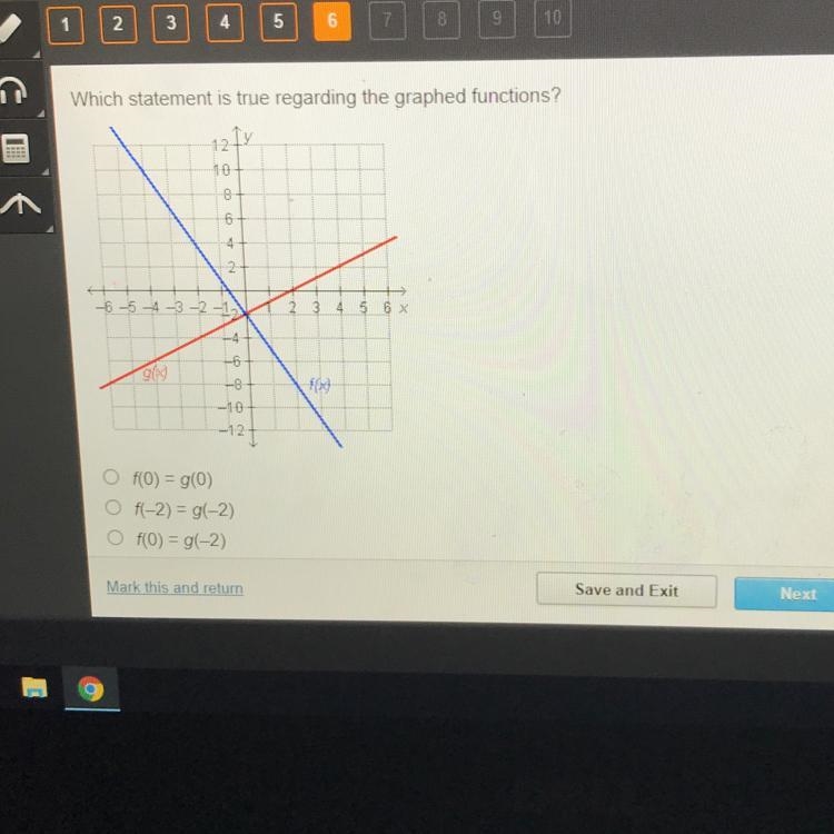 Which statement is true regarding the graphed functions?12Ly108642-6 -5 -4 -3 -2 -1224 5 6 x-example-1