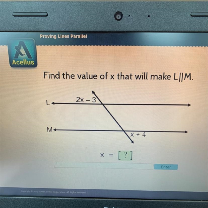 Find the value of x that will make L||M.2x - 3MX + 4x = [?]-example-1