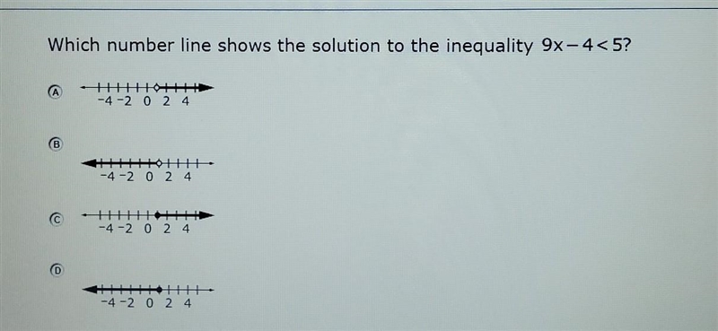 Which number line shows the solution to the inequality 9x - 4-example-1