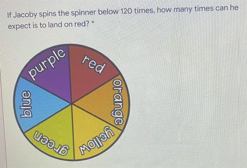 If Jacoby spins the spinner below 120 times, how many times can heexpect is to land-example-1