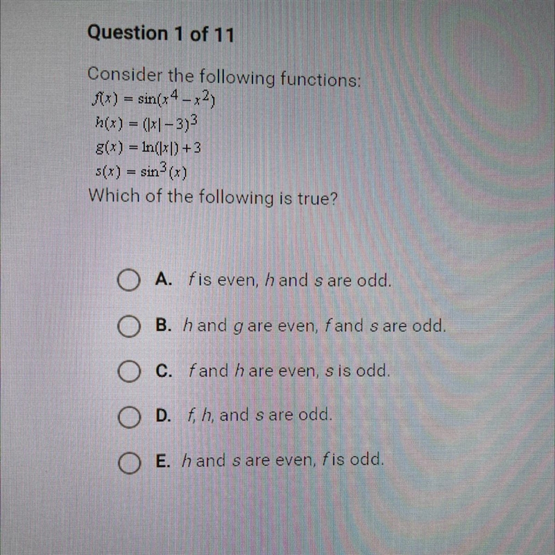 Question 1 of 11Consider the following functions:f(x) = sin(x4 – x2)h(x) = (x – 3)g-example-1