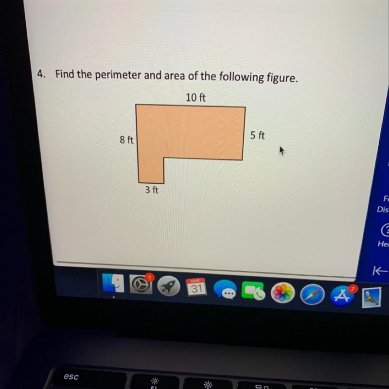 Find the perimeter and area of the following figure. 10 ft 5 ft 8 ft 3 ft-example-1