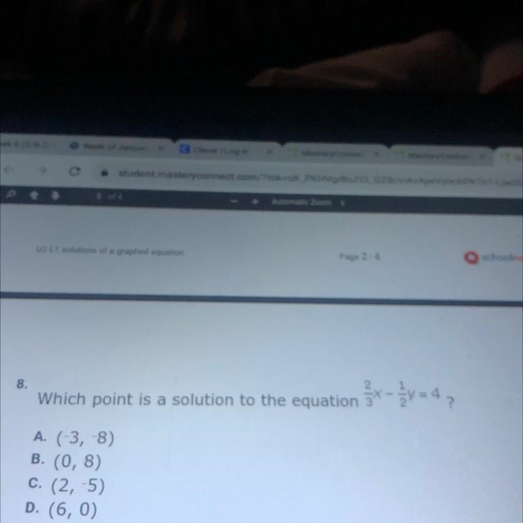 Which point is a solution to the equation -y=4A (3, 8)B. (0,8)C. (2, 5)D(6,0-example-1