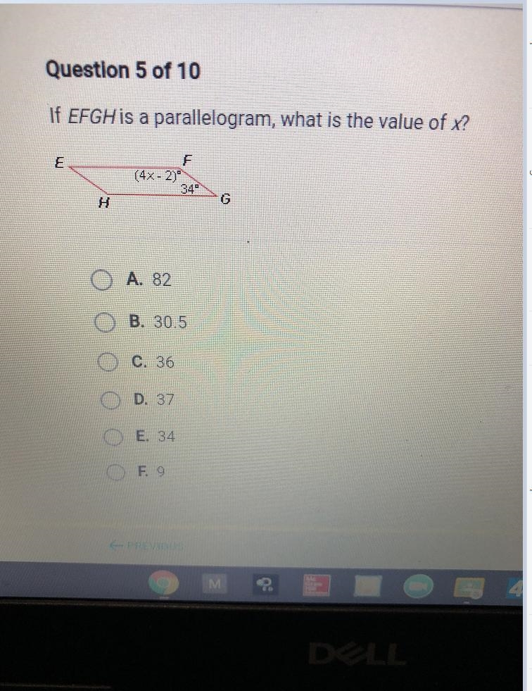 If EFGH is a parallelogram, what is the value of x?F(4-2)340HGA. 82B. 30.5cC. 36D-example-1